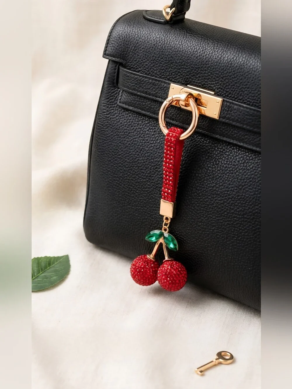 Red Cherry Bag Charm Keychain - Gold Hardware